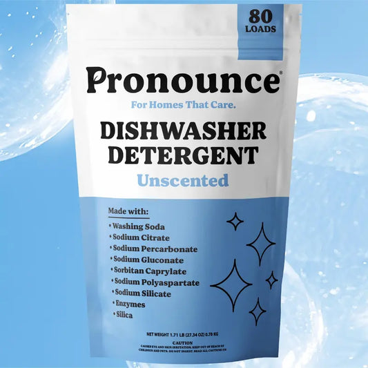 Pronounce Dishwasher Detergent - Unscented (Fragrance Free) , No Plastic Film. Safe for Families and Babies Bottles