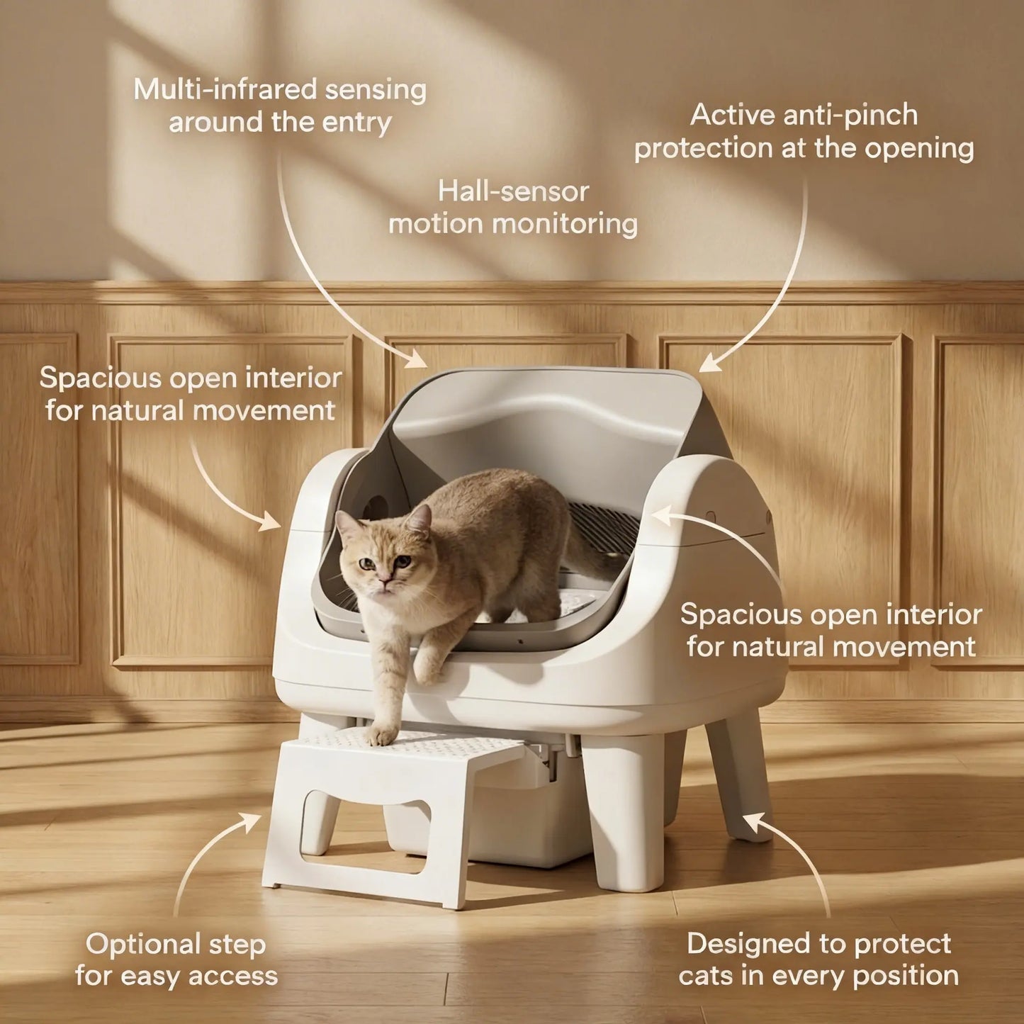 Self Cleaning Cat Litter Box with Safety Sensors & Easy Step for Senior Cats