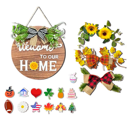 All-Season Front Door Decoration, Wooden Welcome Sign 12x12 Inch Round Hanging Wreath for Porch, Entryway, and Home Wall Decor