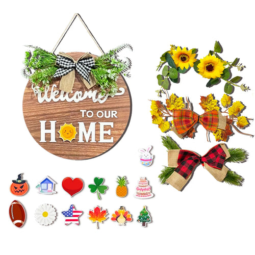 All-Season Front Door Decoration, Wooden Welcome Sign 12x12 Inch Round Hanging Wreath for Porch, Entryway, and Home Wall Decor