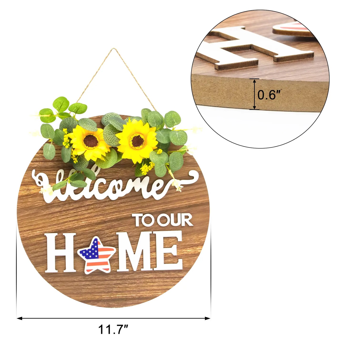 All-Season Front Door Decoration, Wooden Welcome Sign 12x12 Inch Round Hanging Wreath for Porch, Entryway, and Home Wall Decor