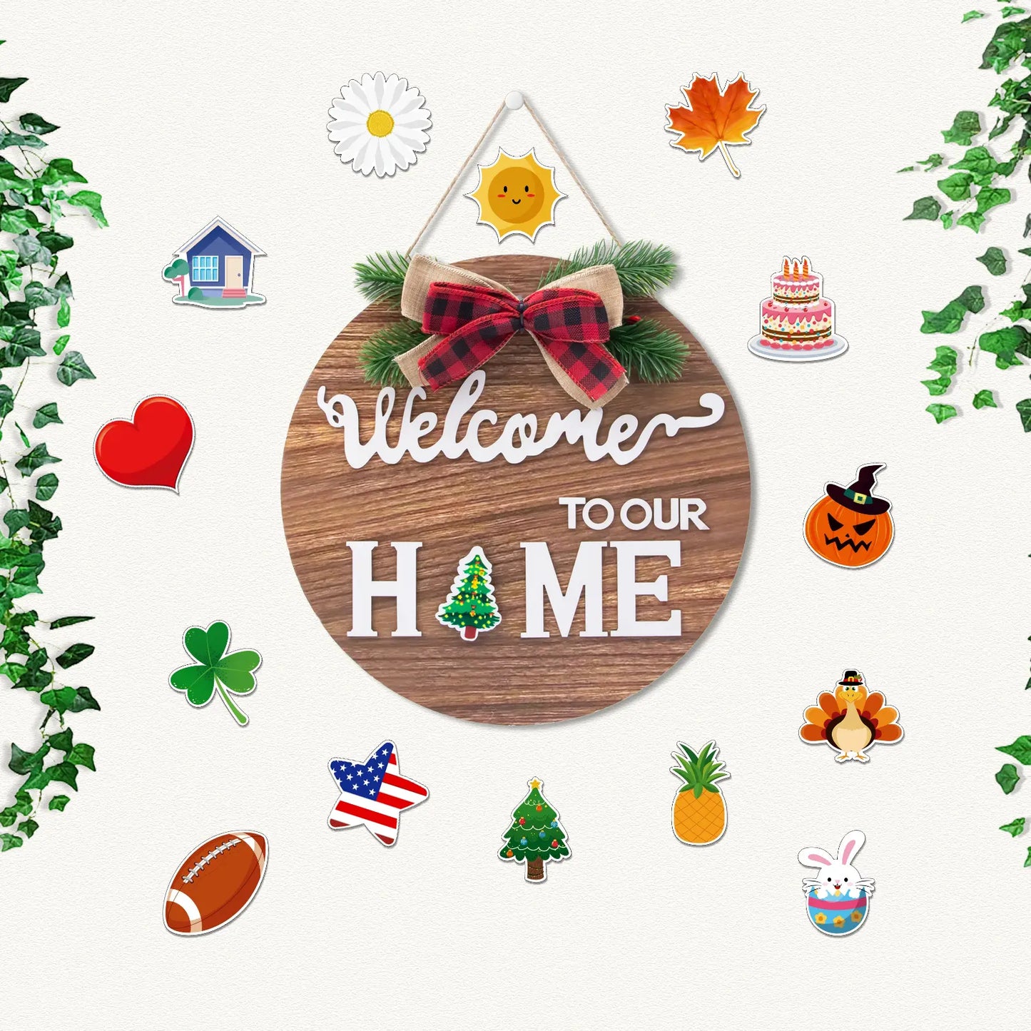All-Season Front Door Decoration, Wooden Welcome Sign 12x12 Inch Round Hanging Wreath for Porch, Entryway, and Home Wall Decor