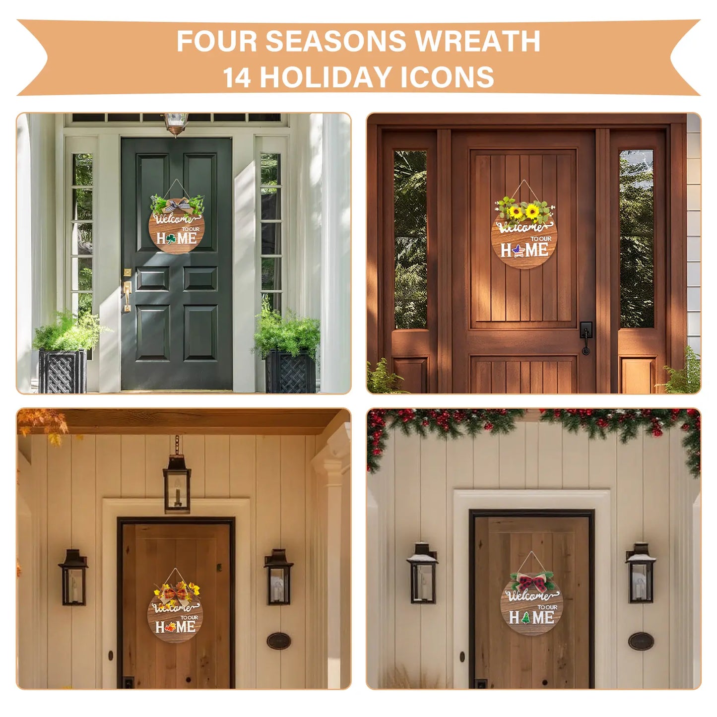 All-Season Front Door Decoration, Wooden Welcome Sign 12x12 Inch Round Hanging Wreath for Porch, Entryway, and Home Wall Decor