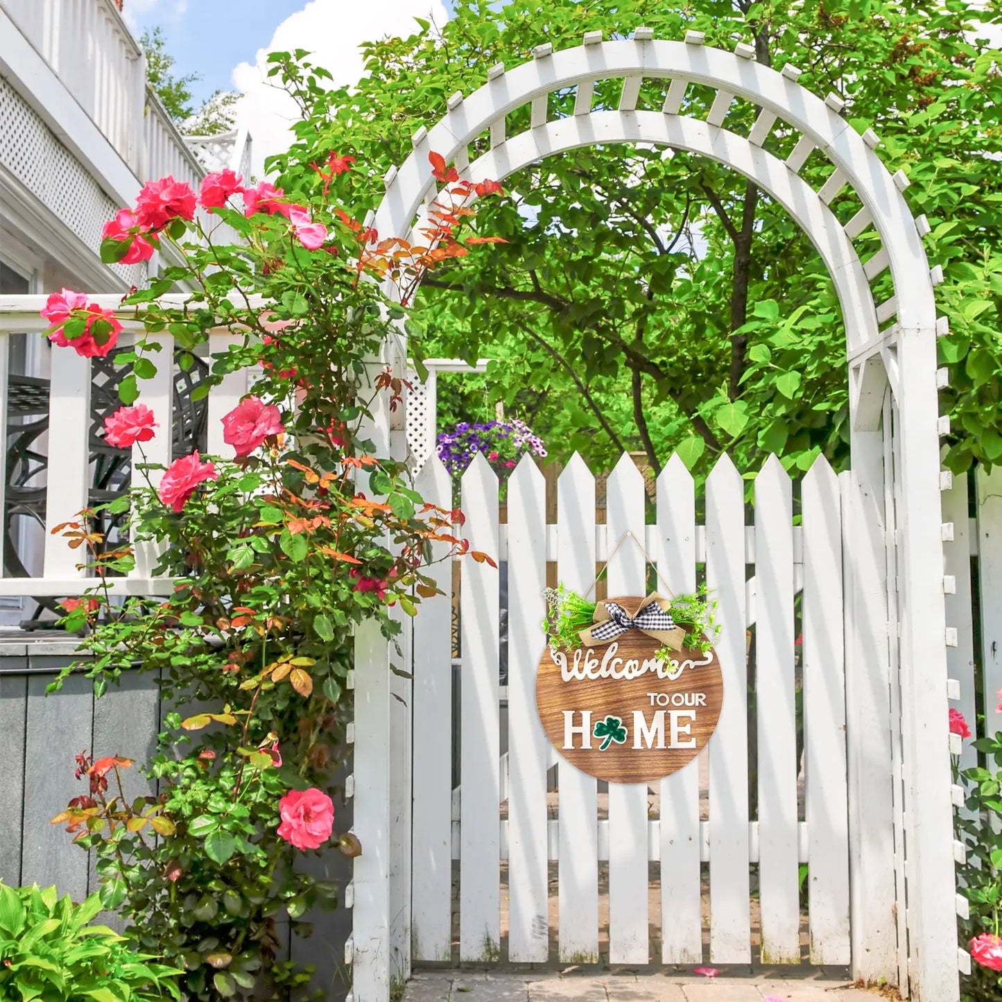 All-Season Front Door Decoration, Wooden Welcome Sign 12x12 Inch Round Hanging Wreath for Porch, Entryway, and Home Wall Decor