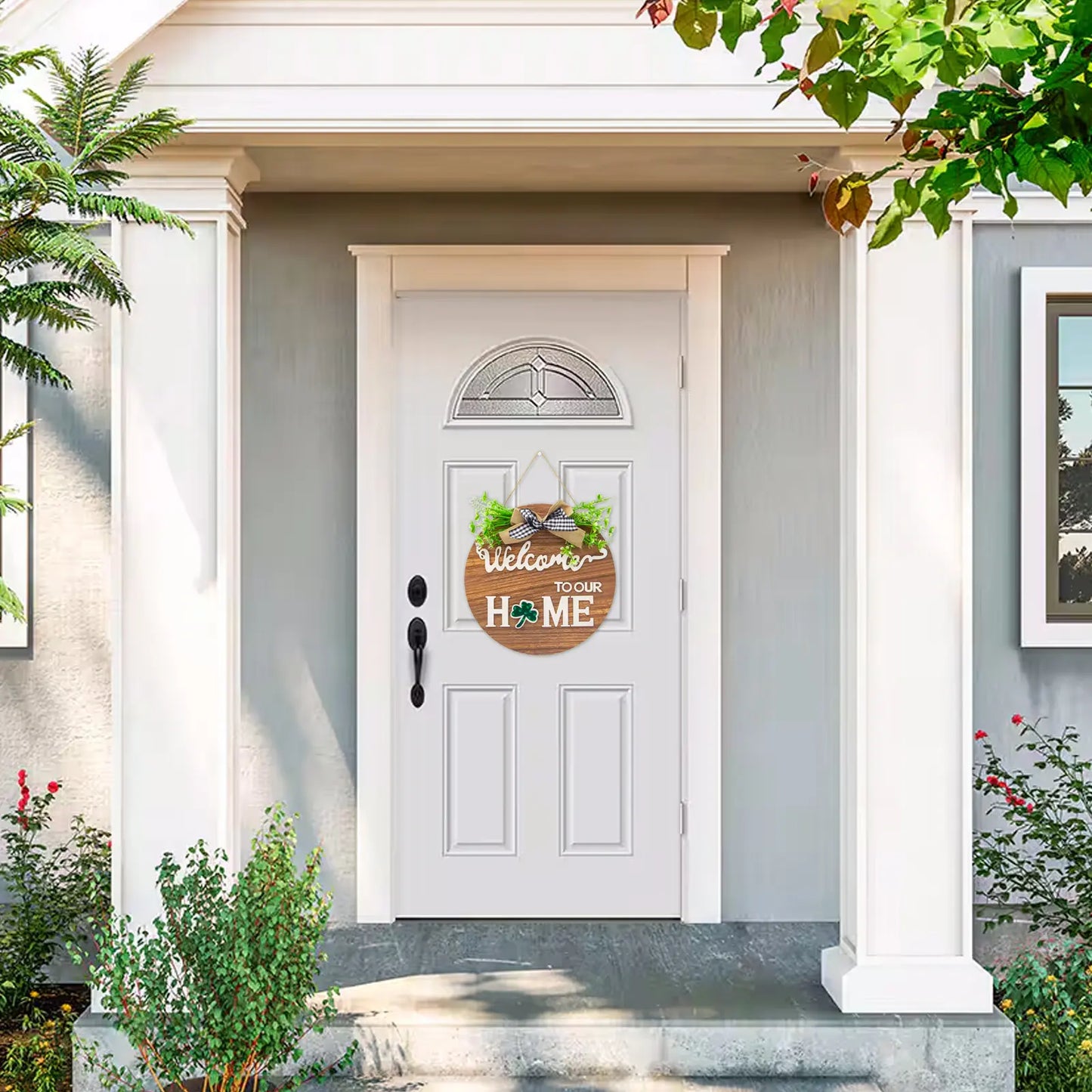 All-Season Front Door Decoration, Wooden Welcome Sign 12x12 Inch Round Hanging Wreath for Porch, Entryway, and Home Wall Decor