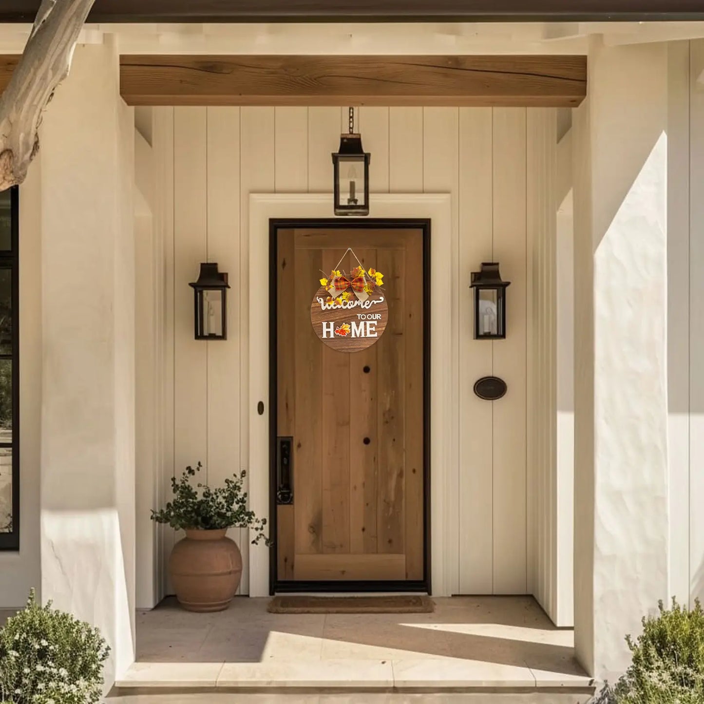 All-Season Front Door Decoration, Wooden Welcome Sign 12x12 Inch Round Hanging Wreath for Porch, Entryway, and Home Wall Decor